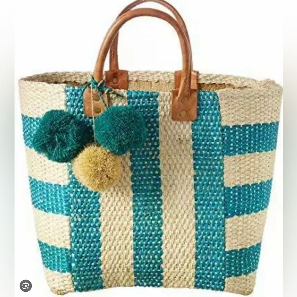 MAR Y SOL NWT Collins STRAW & LEATHER Bag Beach Tote Green Cream Stripe